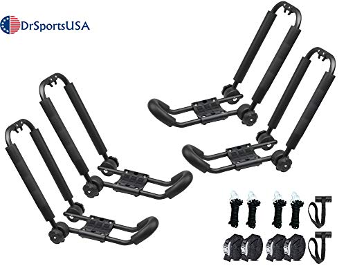 DrSportsUSA Universal Foldable J-Bar 2 Pairs Kayak Rack Folding Car Roof Top Carrier for Canoe, SUP, Kayaks, Surfboard and Ski Board Rooftop Mount on SUV, Car and Truck