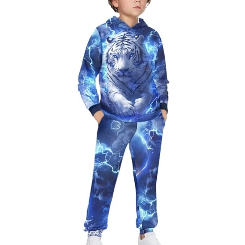 doginthehole Boys 2 Pieces Sweatsuits Pullover Cool Tiger Lightning Hoodie and Sweatpants Boys Fashion Tracksuit Set Fall Outfits Winter Clothes 7-8 Years