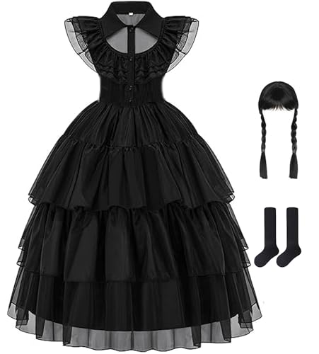 GZ-LAOPAITOU Black Costume for Girls Halloween Cosplay Costume Family Party Dress Up Outfit with Wig Stockings Belt 4-12Y