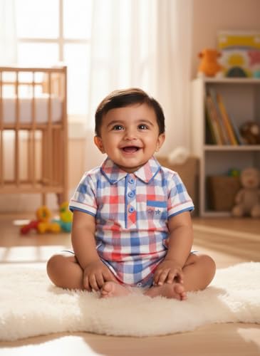 Image of BABY GO Baby Boys & Baby Girls Cotton Romper | Half Sleeve Polo Collar Jumpsuit | Newborn Infant Summer Outfit with Button Closure | Soft Breathable Playsuit | Stylish Print One Piece Dress