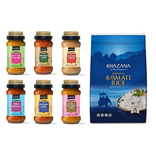Khazana Organic Simmer Sauce Variety 6-Pack + Premium Basmati Rice 2Lb - Customized Indian Meal Bundle | Non-Gmo, Vegan, Kosher, Gluten Free | Authentic Indian Cuisine #TOP30