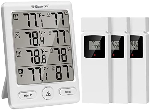 Geevon Indoor Outdoor Thermometer Wireless with 3 Remote Sensors, Digital Hygrometer Indoor Thermometer, Temperature Humidity Monitor Gauge with 200FT/60M Range (White)