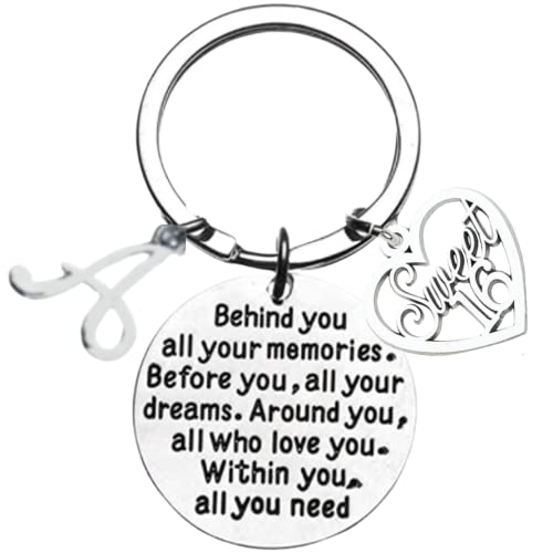 Sweet 16 Keychain with Initial Letter – Inspirational Quote “Behind You All Your Memories” – Heart Charm Birthday Gift for Teen Girls, Daughter or Granddaughter