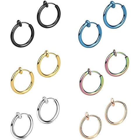 6 Pairs 13MM Stainless Steel Fake Clip on Earrings for Men Women Girls Huggie Hinged, Non Pierced Earrings, Women Earrings Set Rose Gold Hoop Earrings, Men Earrings Black Silver Small Hypoallergenic Cover