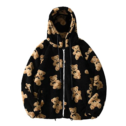 Chaqueta de gran tamaño para mujer, con bonito estampado de oso de peluche, abrigo de forro polar mullido, cómodo, térmico, manga larga, cremallera completa, con capucha, con bolsillo, abrigo kawaii