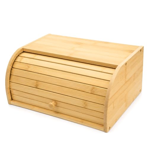 Lawei Bamboo Bread Box, Large Natural Roll Top Wood Bread Box, Countertop Bread Storage Bin, Bread Boxes Holder for Kitchen Food Storage, No Assembly Required