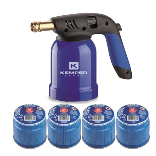 KEMPER - Lampe a souder gaz + 4 cartouches gaz 190g avec sécurité stop gaz Coque Acier Piezo - Chalumeau de cuisine Creme Brulée, Allumage Barbecue, Soudure