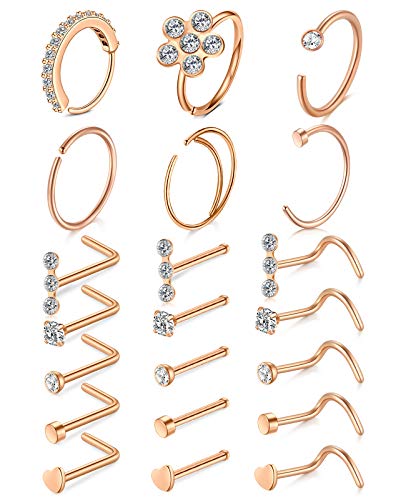 Longita 20g Nose Rings Hoop L Shape Nose Studs Stainless Steel Nose Screw Bone Flat Top Diamond Opal Heart High Nostril Piercing Jewelry Silver Rose Gold Black Pack for Women Men