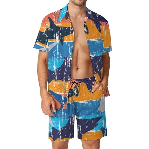 Chemise Hawaïenne Hommes Couleur Requin Ensemble Été 2 Pièces avec Short et Pantalon de Plage S