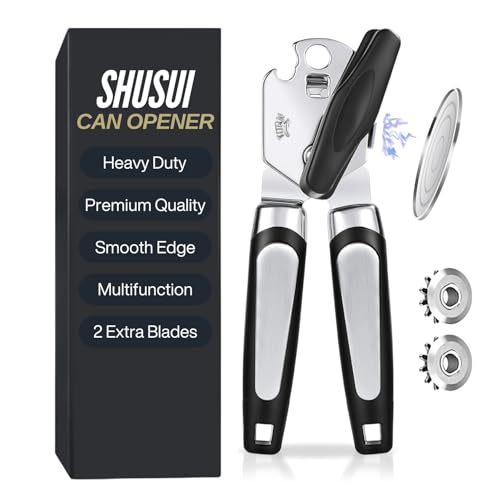 Shusui Manual Stainless Steel Can Opener That Work, Heavy Duty Tin Opener with Non-Slip Grip Suitable for Elderly with Arthritic Hands, Smooth Edge, Long Performance with 2 Extra Replacement Blades