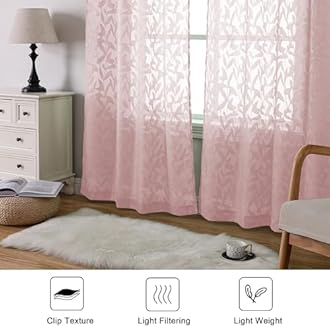 Lecloud Leia Clip Blush Pink Sheer Curtains 84 Inch Length 2 Panels, Jacquard Textured Leaf Light Filtering Voile Curtain for Girls Bedroom, Dual Rod Pockets Window Living Room Drapes, 38x84 Inch