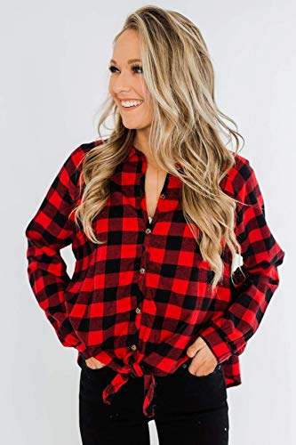 Remidoo Women's Button Down Plaid Shirt Long Sleeve Tie Knot Front Blouse Top Red Small #TOP3
