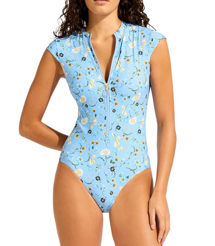 Image of Seafolly Women's Zip Front One Piece Swimsuit, Modern Romance Powder Blue, 14