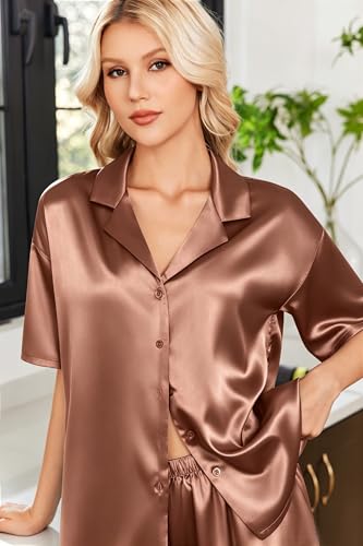Image of Ekouaer Womens Satin Pajama Set Short Sleeve Button Down Sleepwear 2 Piece Silky Pj Set Soft Loungewear for Ladies