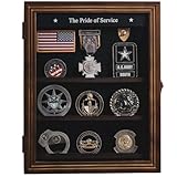 Treevers Large Challenge Coin Display Case - Pride of Service Engraved Edition - 17 Rows Military Shadow Box for Army, Navy & Police - Solid Wood Holder Cabinet with Lockable Glass Door & Wall Mount