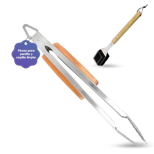 Kit Utensilios para Barbacoa, Pinzas Cocina de Acero Inoxidable extralargas de 42 cm con Mango de Madera Resistente al Calor Cepillo Limpiador Barbacoa, Accesorios para Barbacoa
