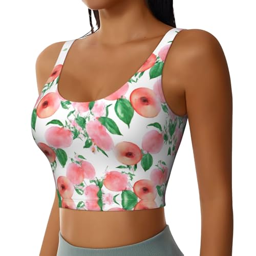 Women Girls Summer U-Shaped Back Sports Bras Adjustable Pink Watercolor Peach Leaves Flowers Floral Art Tank with Bralette Pads Control Shapewear Tops Shirts for Running Training