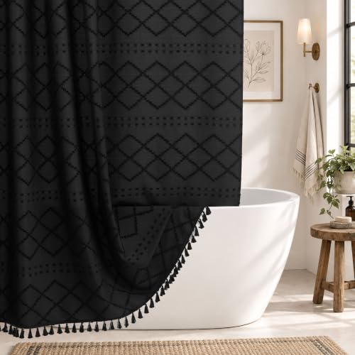 Siiluminisoy Black Shower Curtain Boho Fabric Shower Curtain Black Tufted Texture Striped Modern Farmhouse Shower Curtains for Bathroom, 72 x 72