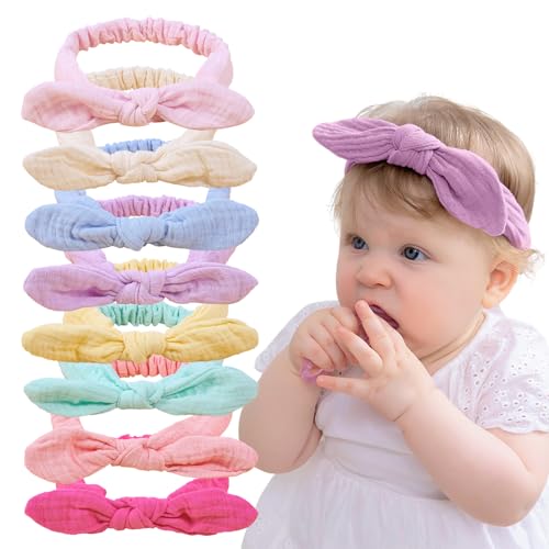 XIMA Baby Girl Headbands, Cotton Rabbit Ears Hairbands for Newbron Infants Toddlers, Removable Rabbit Ear Bows Baby Hair Accessories, Pastel colors Pack of 8