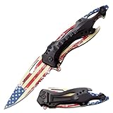 MTECH USA Folding Knife, 3.75-Inch Half-Serrated Blade, Titanium Coating, Glass Breaker, Pocket Clip (Flag)