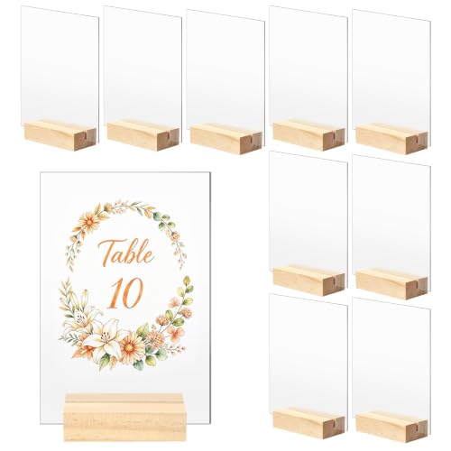 Image of Bercoor 10 Pack 4x6 Inch Blank Clear Acrylic Sign with Wooden Stands, Rectangle Top Acrylic Sheet, DIY Acrylic Rectangle Table Numbers for DIY Name Card Gifts Event Party Sign Decoration