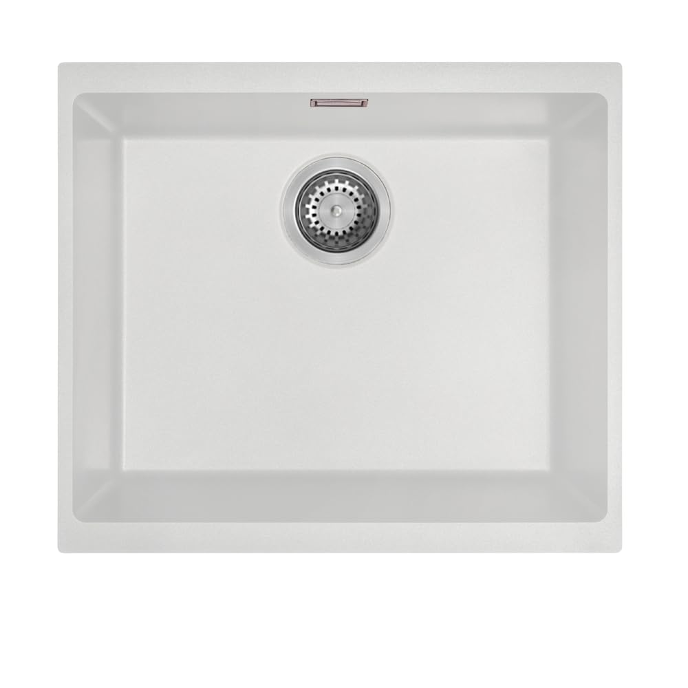 Austen & Co. White Siena Inset & Undermount Large Single Bowl Reversible Granite Kitchen Sink With Strainer & Over Flow Kit