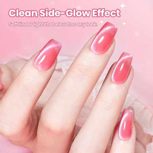 Image of Beetles Apple Sweet Gleam Pink Cat Eye Gel Nail Polish - 15ML Full Size Glitter Pink Cat Eye Spring Gel Polish Magnetic Shimmer Effect Soak Off UV Nail Art Design Salon DIY Manicure Gift for Women