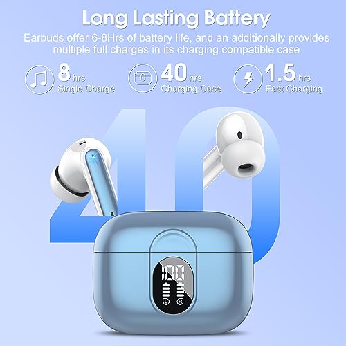 Image of Csasan Wireless Earbuds, Bluetooth 5.3 Headphones In Ear with 4 ENC Noise Cancelling Mic, 2025 Mini Deep Bass Stereo Ear Buds, 40H Playtime Bluetooth Earphones, IP7 Waterproof Earbuds, Sky Blue
