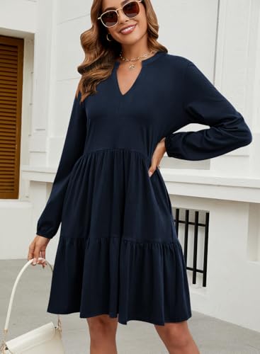 QACOHU Women Fall Tunic Dress 2025 V Neck Casual Tiered Long Sleeve with Pockets A-Line Swing Mini Babydoll Dress4