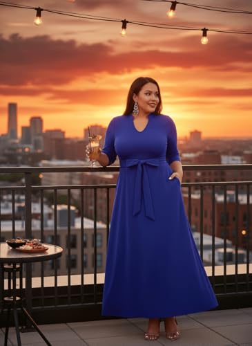 Image of FANDEE Maxi Dress for Women, Casual V Neck 3 /4 Sleeve Long Dresses with Pockets