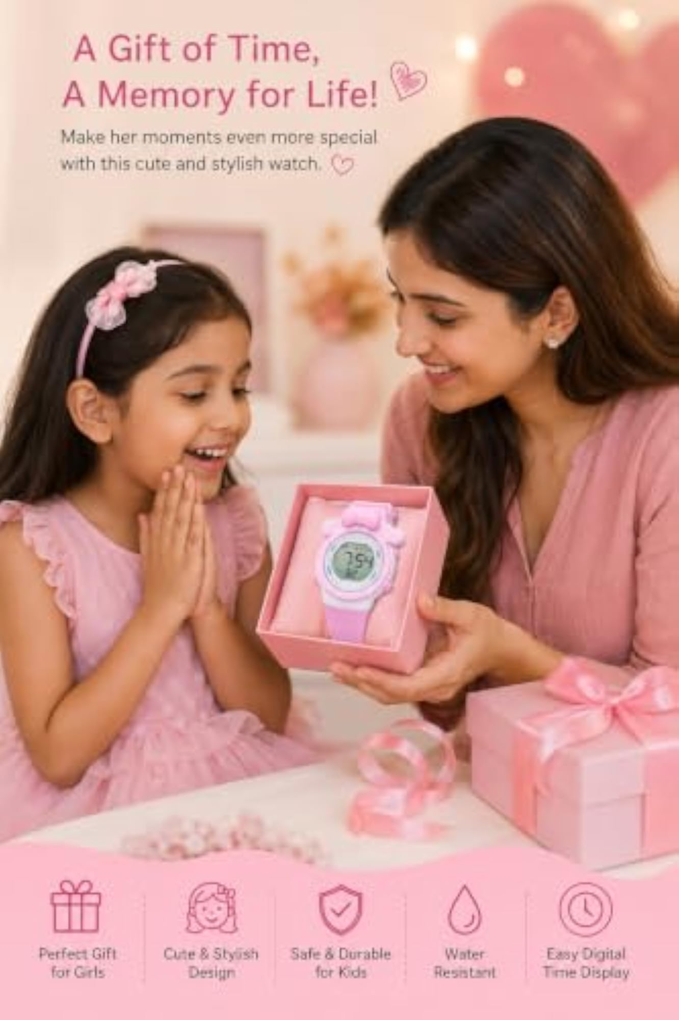 Kids Digital LED Watch, Cute Pink Bow Design