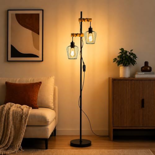 ZMH Stehlampe Wohnzimmer Holz Stehleuchte Schwarz - Vintage Wohnzimmerlampe stehend im Industrial Design Metall Standleuchte 2 flammig E27 Fassung 151cm Standlampe für Schlafzimmer (ohne Leuchtmittel)