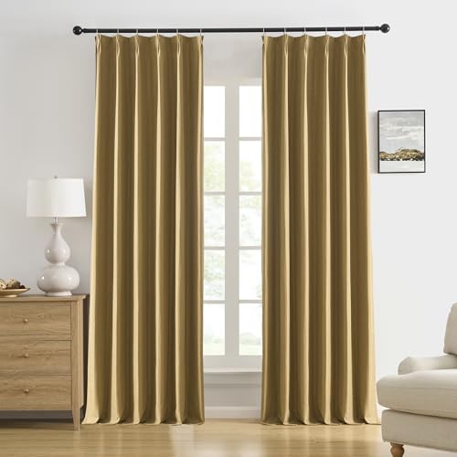 DUALIFE Gold Tan Pinch Pleated Blackout Curtains 156 Inches Long, Back Tab with Hooks, Linen Full Black Out Thermal Insulated Track Curtain for Bedroom Living Room,40 W x 156 L, 2 Panels