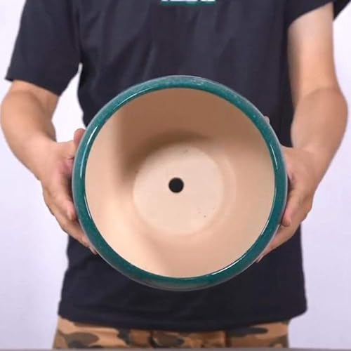 Pot de fleurs rond en céramique émaillée vert avec soucoupe