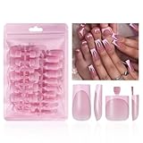 NHIXK 60 Pcs Pink French Tip Press on Nails Square & Press on Toenails Set, Medium Fake Nails Short Square Press on Toe Nails Summer False Nails Full Cover Stick on Toenails for Women