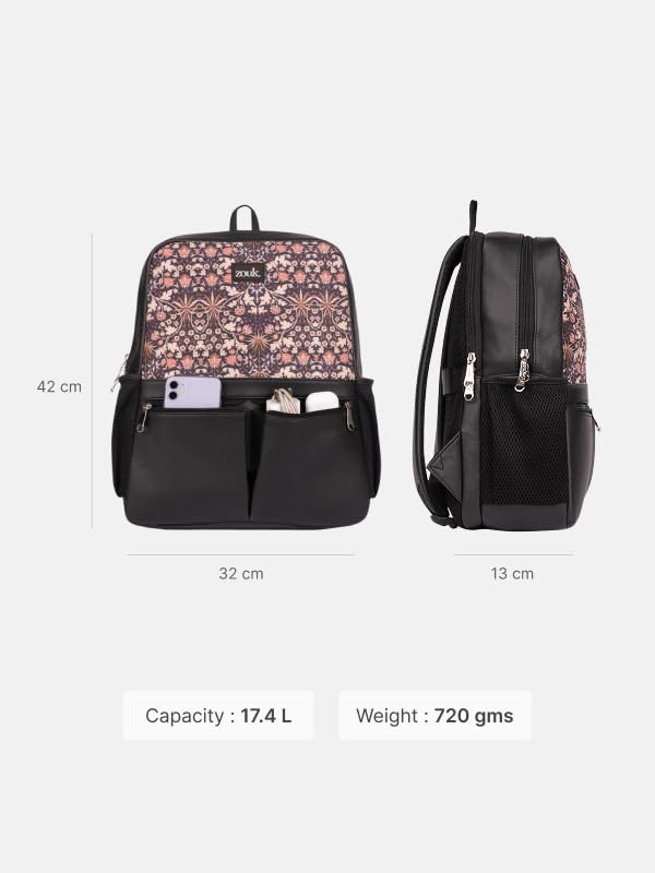 Image of ZOUK Women's Office Backpack | Vegan Leather & Handicraft Fabric | PeTA Approved | 15.6 Inch Laptop Compartment | Dual Zipper Pockets | Water Resistant | Trolley Passthrough | 17.5L