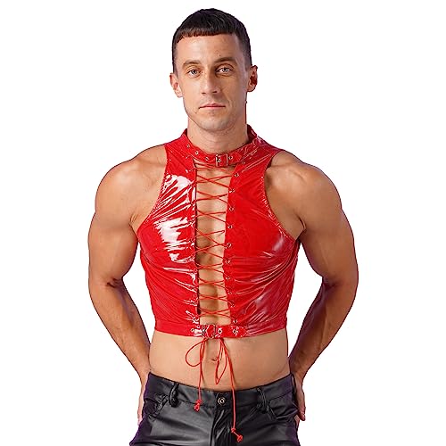 ranrann Crop Top Homme Sexy Cuir Verni Wetlook Slim Fit Maillot de Corps Shirt Costume Muscle Clubwear L-4XL Rouge L