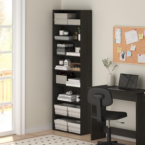 Image of Furinno Basic Book Shelf, 8-Tier Bookcase with Open Shelf, Standing Bookshelf, Cube Storage Organizer, 9 x 24 x 71, for Living Room, Bedroom, Home Office, Espresso