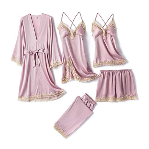 Satin Lace sexy 5PC Pajamas Sets Women's robes Shorts Long Pants Silk Sleepwear pinkwhitered Nightgown Bath Gown-5-Pink_L Satin Lace sexy 5PC Pajamas Sets Women's robes Shorts Long Pants Silk Sleepwear pinkwhitered Nightgown Bath Gown-5-Pink_L