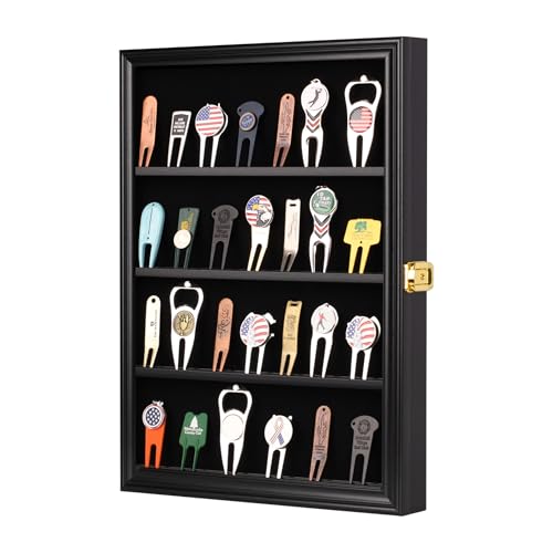 Image of Golf Divot Tool Display Case Wall Mount W /98% UV Acrylic Door Lockable Storage Display Box for Collection (Black-Divot Tool Display)