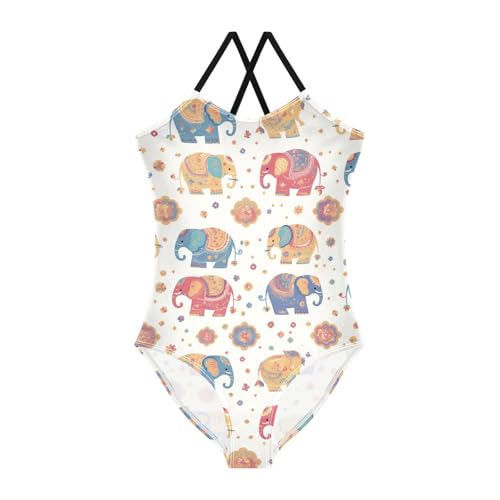 KLL Colorful Elephants Decorated Mandala Girl 1 Piece Bathing Suit Summer Swimwear with Adjustable Straps Cute