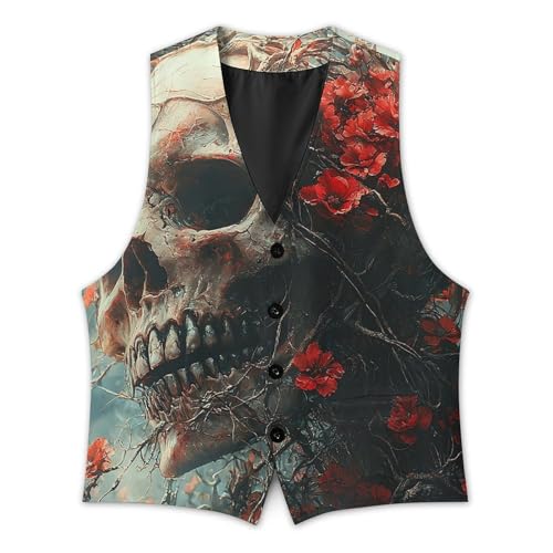 Formal Suit Vest Slim Fit Waistcoat Business Tuxedo, Red Skull Rose Flower Dark2