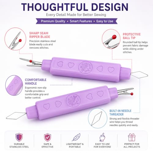Image of Seam Ripper 3pcs Big Tool Set Piece Sewing Accessories Kit for Stitch Removal | Thread Cutting | Ideal for Sewing, Tailoring, DIY Projects | Stainless Steel Blades with Comfort Grip Handles (4, 2 in 1 Seam Ripper = 4pcs)