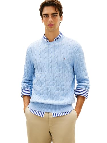 Tommy Hilfiger Men's Cotton Cable Crew Neck Sweater, Vessel Blue Heather XX-Large