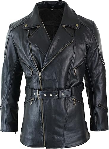 Hide & Seek Men's Cross Zipper Brando Belted Motorcycle Long Leather Jacket - Officer Biker Genuine Leather Coat