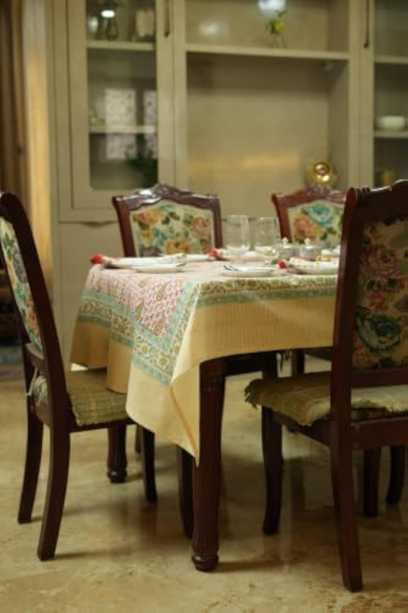 Floral Block Print Cotton Tablecloth, Pink (72x90 inches)