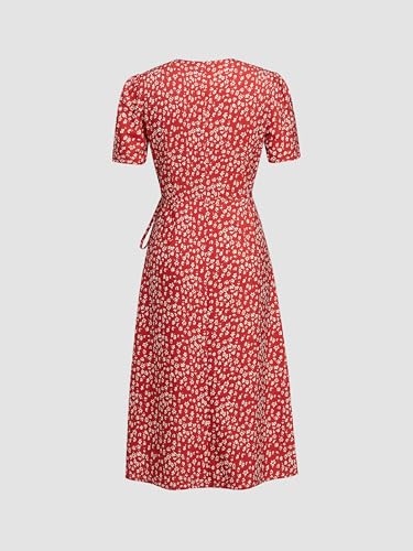 CIDER Dresses for Women Floral Midi Dress V-Neck Short Sleeve Ditsy Floral Knotted Mid Waist4