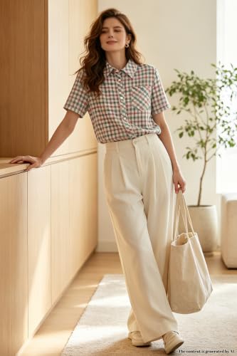 Image of SANGTREE Girls Women Plaid Shirt Short Sleeve Button Down Summer Blouses