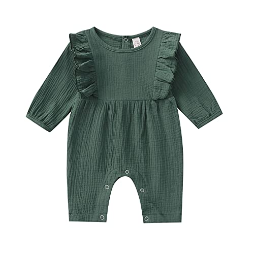WASAIGOOD Newborn Baby Girl Ribbed Jumpsuit Long Sleeve Ruffle Romper Cotton Linen Solid One-Piece Outfits Clothes (green,18-24 months)