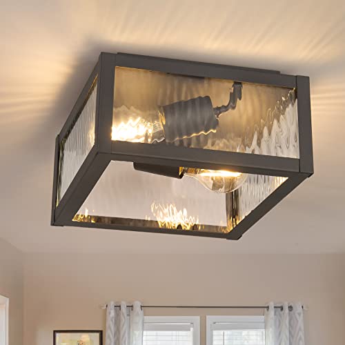 Boncoo Flush Mount Ceiling Light, Close to Ceiling Light Industrial Light Fixture with Water Ripple Glass Shade, Rustic Ceiling Light Fixture Farmhouse Ceiling Light for Hallway, Foyer, Entryway